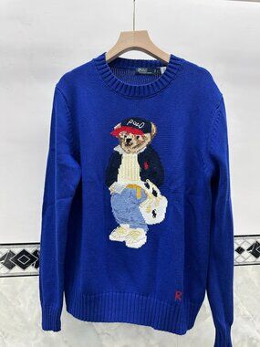 Polo Ralph Lauren Royal Blue Polo Bear Embroidered Knit Pullover Sweater